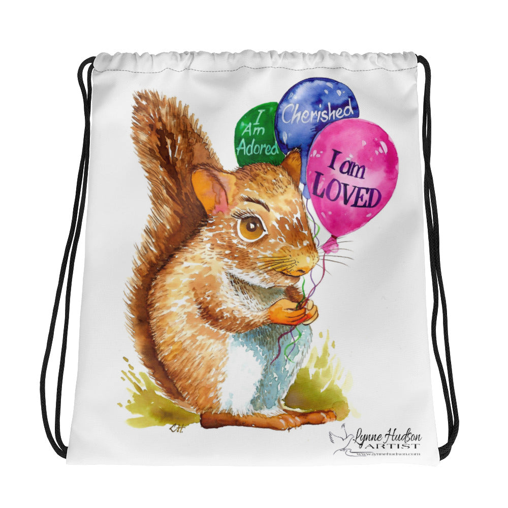 Samuel the Squirrel white drawstring bag
