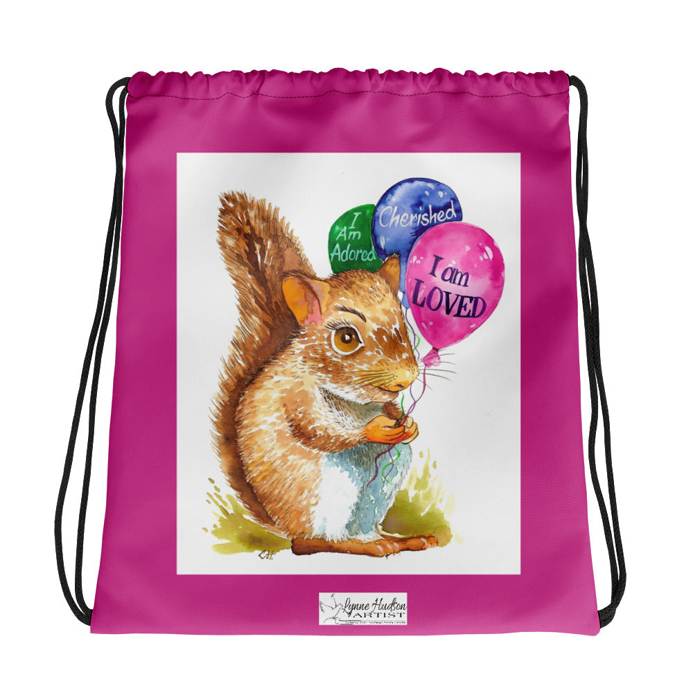 Samuel the Squirrel Pink Drawstring bag